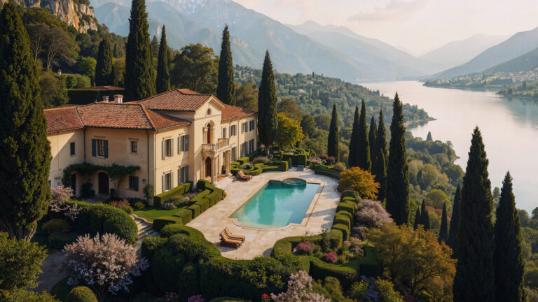 Villa de luxe avec piscine surplombant le lac d'Annecy, représentative des biens proposés par la meilleure agence immobilière à Annecy